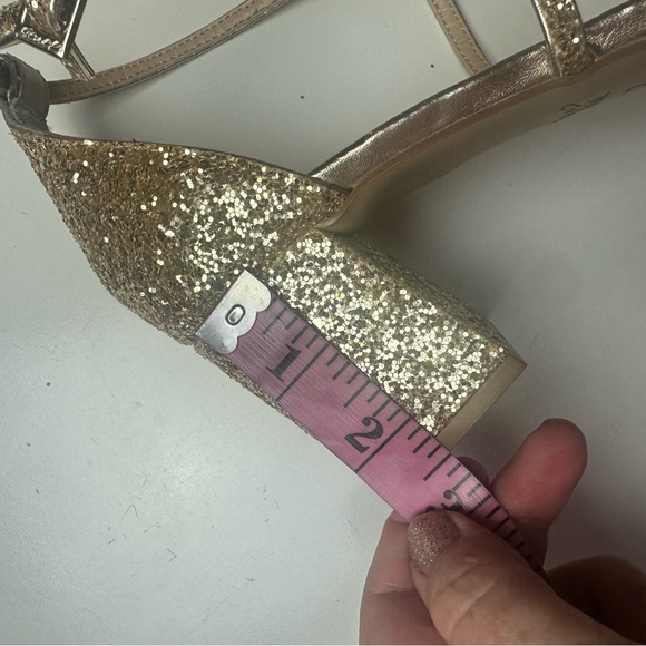 Jewel Badgley Mischka Gold Glittery Faux Jeweled Claudia Block Heeled Sandal 10 - Picture 15 of 16